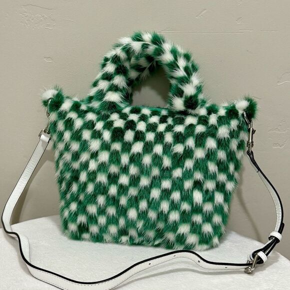 Colorblock Checkerboard Handmade Genuine Mink Fur Top Handle Bag/Crossbody - Picture 1 of 15